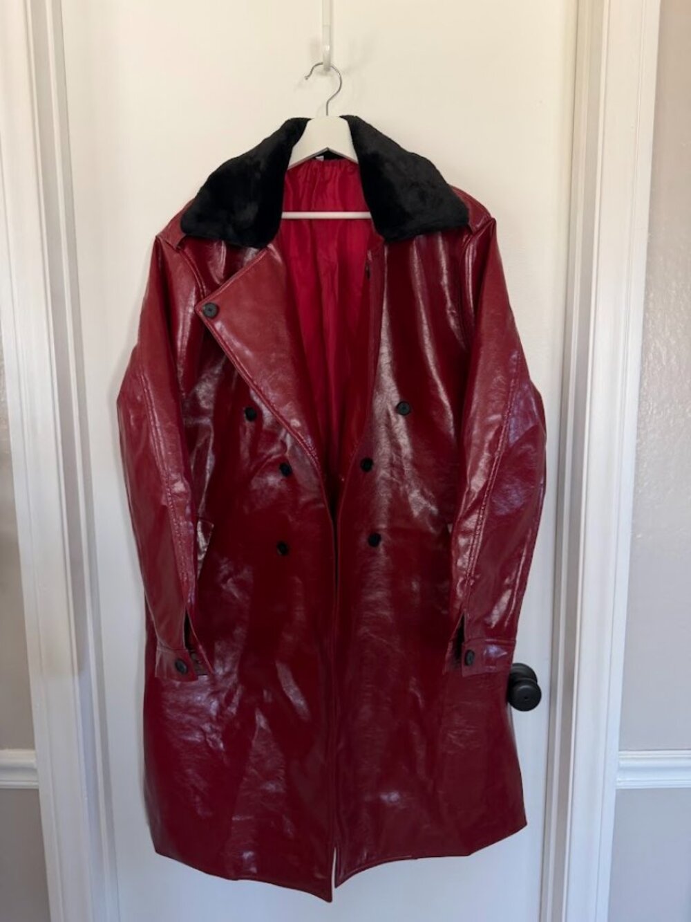 Faux Fur Collar Trench Coat Red - Size 2XL